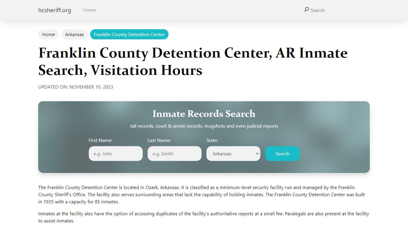 Franklin County Detention Center, AR Inmate Search, Visitation Hours
